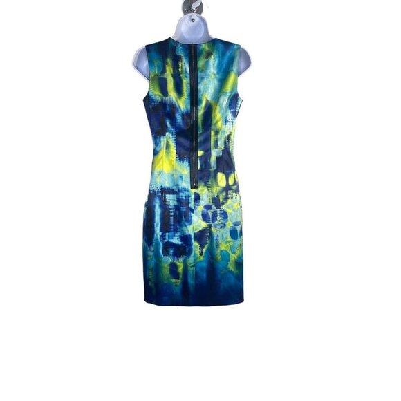 Elie Tahari Womens Sheath Dress Blue Yellow Abstract Stretch Midi Crew Neck 4 - Picture 4 of 7